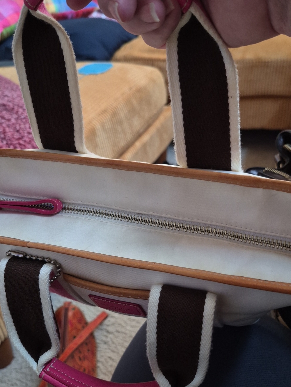 COACH Vintage Y2K Hamptons Weekend Mini Tote.  White With Pink Stripes. - Picture 4 of 9